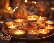 Candles cast a warm glow on clay dishes in india, diwali festival stock image, diwali festival ai prompt