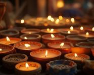 Lit candles in clay trays create a serene scene in india, diwali festival stock image, diwali festival ai prompt