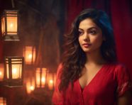 Beautiful young woman in red traditional clothing, diwali festival stock image, diwali festival ai prompt