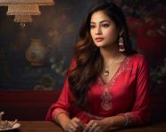 Fashionable young woman in traditional red blouse, diwali festival stock image, diwali festival ai prompt