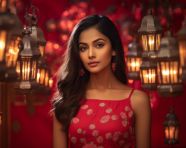Mysterious young woman in red traditional dress, diwali festival stock image, diwali festival ai prompt