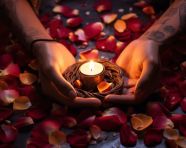 Hand holding lit candles on petals, diwali festival stock image, diwali festival ai prompt