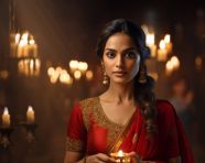 Beautiful indian lady offers prayers with lamp, diwali festival stock image, diwali festival ai prompt