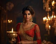 Woman in red sari represents hindu culture, diwali festival stock image, diwali festival ai prompt