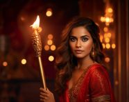 Young lady with torch illuminates lamp, diwali festival stock image, diwali festival ai prompt