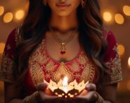 Traditional indian bride lighting gold diya for diwali, diwali festival stock image, diwali festival ai prompt