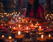 The people lighten many candles on a colourful day, diwali festival stock image, diwali festival ai prompt