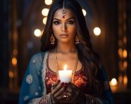 A woman wearing traditional attire is holding a candle, diwali festival stock image, diwali festival ai prompt