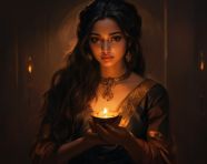 A girl holding a diya candlelight in her hair, diwali festival stock image, diwali festival ai prompt
