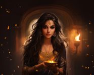 Diya candlelight in hair of young girl, diwali festival stock image, diwali festival ai prompt