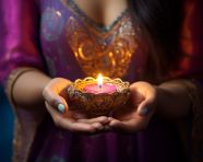 A beautiful woman holds a small diya in her hand, diwali festival stock image, diwali festival ai prompt