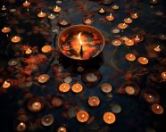Many diwali candle lit on top of water in the water, diwali festival stock image, diwali festival ai prompt