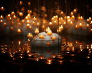 Small white candles floating in water for diwali, diwali festival stock image, diwali festival ai prompt