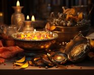 Shining gold diya kadahi on a wooden stand, diwali festival stock image, diwali festival ai prompt