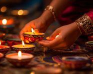 Women lighting diyas during diwali festival, diwali festival stock image, diwali festival ai prompt