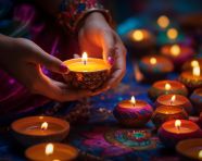 Diwali diyas lit by female hands, diwali festival stock image, diwali festival ai prompt