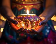 A women is holding a diwali lit candle to decorate it, diwali festival stock image, diwali festival ai prompt