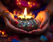 Woman holding lit candle for diwali decoration, diwali festival stock image, diwali festival ai prompt