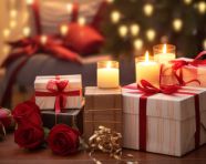 Wooden boxes with red ribbons and candles, diwali festival stock image, diwali festival ai prompt