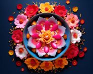 Rangoli decoration of an orange flower in a bowl, diwali festival stock image, diwali festival ai prompt