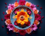 Beautiful rangoli decoration with orange flower, diwali festival stock image, diwali festival ai prompt