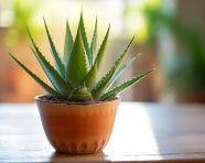 Potted aloe vera plant on wooden table, alovera leaf image