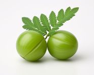 Two green amla on a white background with leaves, gooseberry fruit image