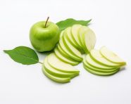 Cut green apple slices with green leaf and leaf, apple fruit image hd