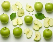 Different fresh slices of green apples with various leaves, apple fruit image hd