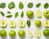 Green apple slices with leaves, apple fruit image hd