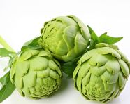 Three squat artichokes on a white background, artichoke image