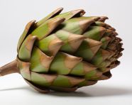 An artichoke is shown up close on a white surface, artichoke image