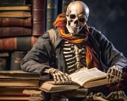 Skeleton sitting on top of some books, human bone image
