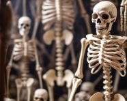 A skeleton standing next to spider webs, human bone image