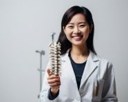 Asian doctor shows thumbs up with spine model, human bone image