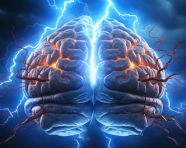 A blue brain with two lightning bolts, human brain image