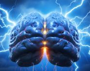 Blue brain with lightning bolts, human brain image