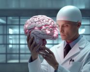 A medical doctor holds up a brain image, human brain image