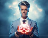 The nimble business executive poses with a lighted brain, human brain image