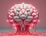 Pink brain filled with electric lights, human brain image
