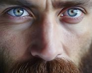 Striking blue-eyed man with a full beard, men eyes close up image