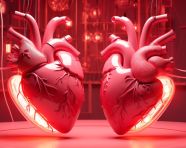 A heart on a red background with two vessels and electrical activity, human heart image