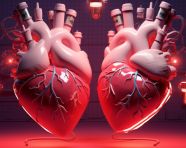 Red heart with vessels and electrical activity, human heart image