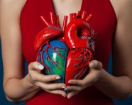 Woman's hands forming heart shape, human heart image