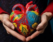 Woman's hands holding symbol of compassion, human heart image