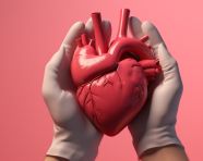 Human model of heart being held by medical student in pink glove, human heart image