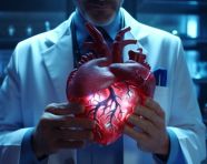 A doctor holding a virtual heart, human heart image