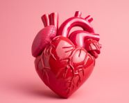 Close up of a model heart on pink with puddled, human heart image