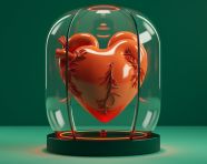 Red glass dome with heart design, human heart image