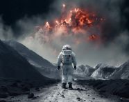 A white astronaut walking in the space near a volcano, chandrayaan images hd